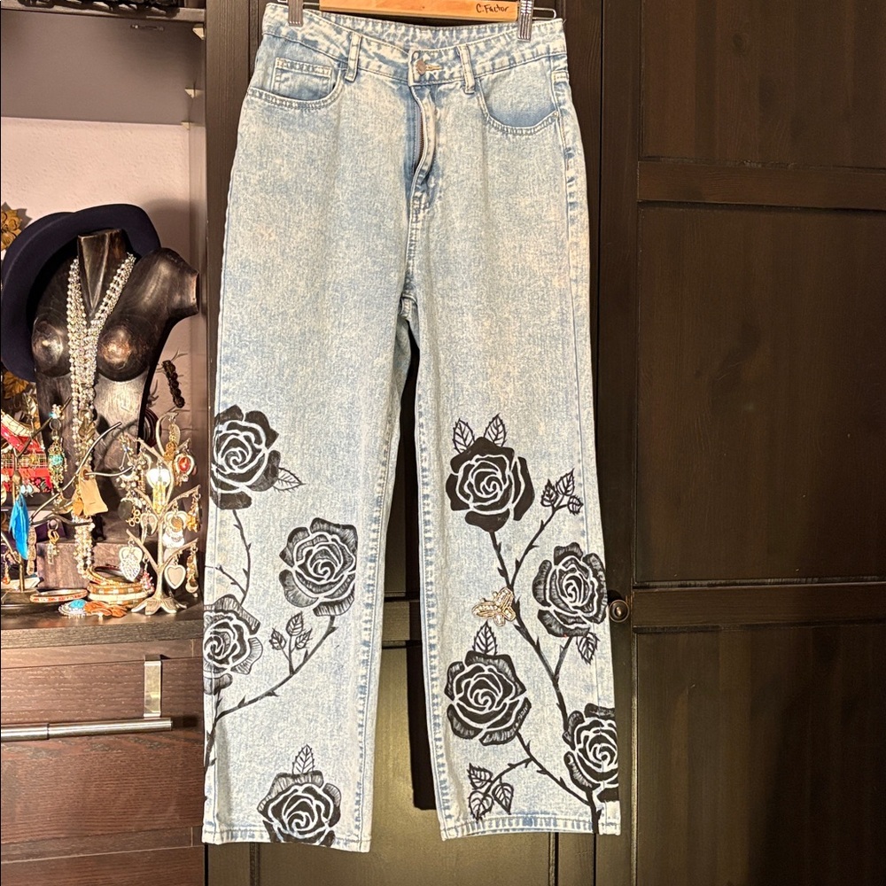 # 106 Upcycled Hand Painted Jeans